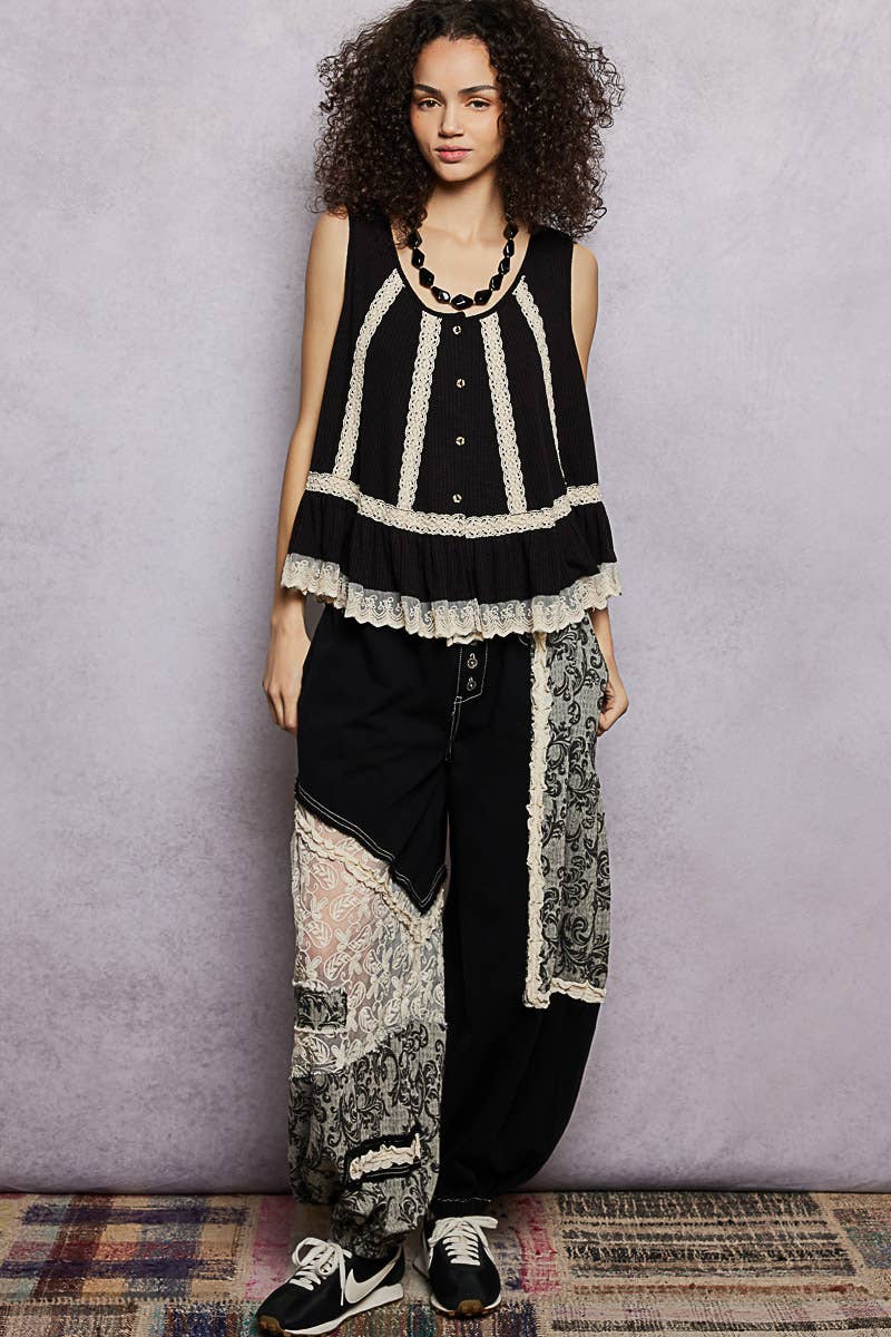 Pol Clothing - Metal Button Down Lace Trim Ruffle Round Neck Sleeveless