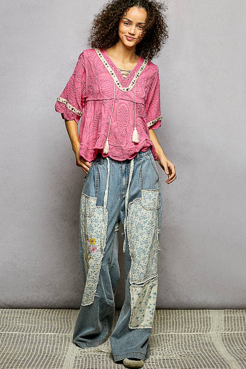 Pol Clothing - Short Sleeve Adjustable Drawstring Crochet V Neck Top