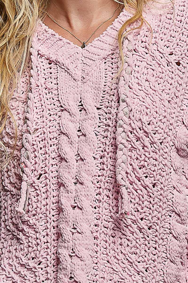 Pol Clothing - Oversize Fit V-neck Hooded Cable Knit Chenille Sweater SALE