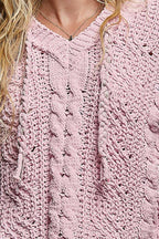 Pol Clothing - Oversize Fit V-neck Hooded Cable Knit Chenille Sweater SALE