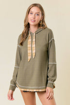 Soft WAFFLE KNIT PLAID STRAP HOODED SWEATSHIRT