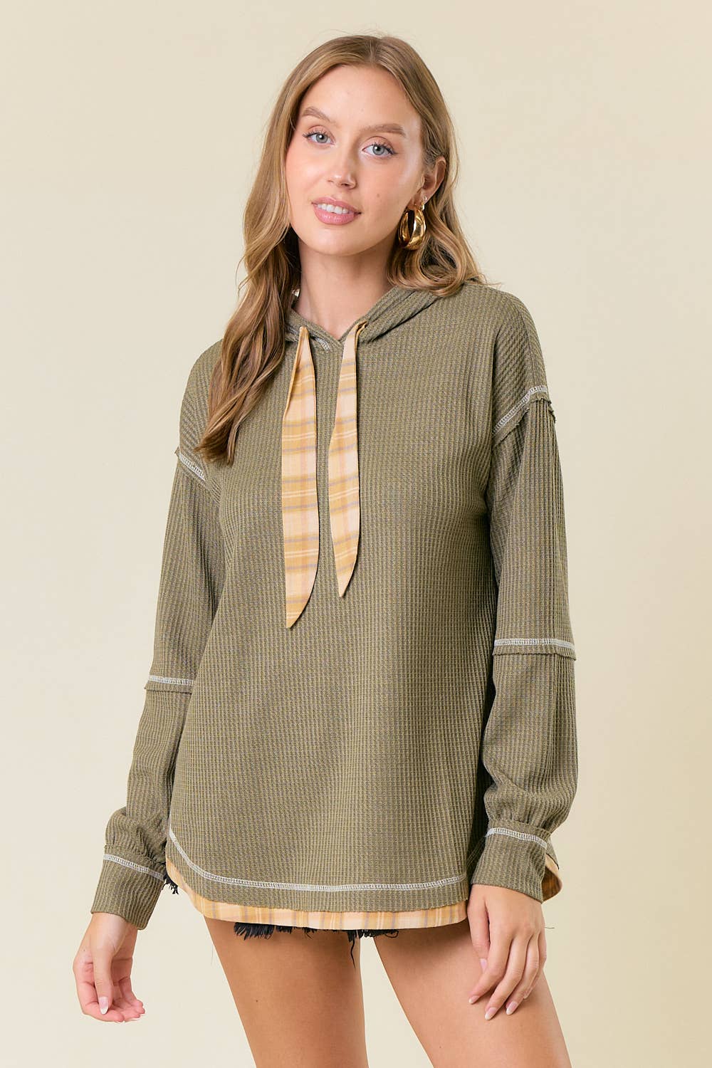 Soft WAFFLE KNIT PLAID STRAP HOODED SWEATSHIRT