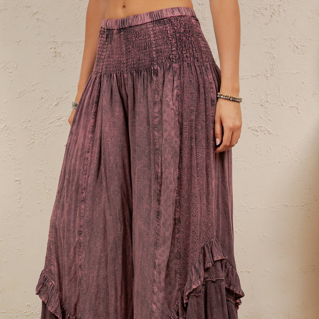 Young Threads - Boho Smocked Mineral Wash Lace Tiered Ruffle Pants NEW