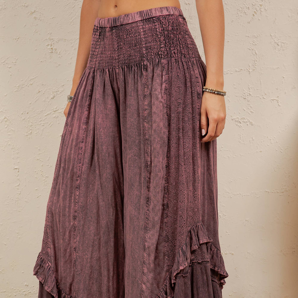 Young Threads - Boho Smocked Mineral Wash Lace Tiered Ruffle Pants NEW