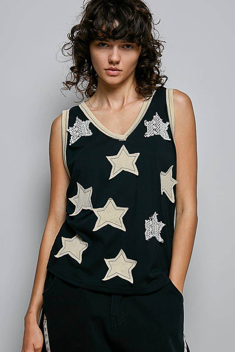 Pol Clothing - Boho Floral Star Patch Rib Sleeveless Top