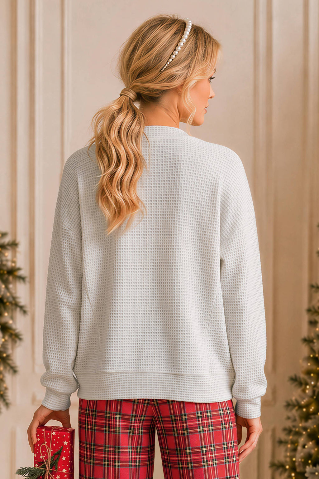 Main Strip - Holiday Plaid Bow Waffle Knit Pullover Top