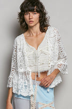 Pol Clothing - V-neck Short Sleeve Crochet Floral Lace Cardigan