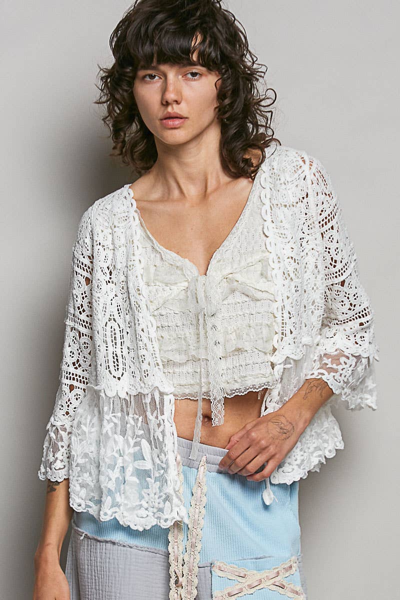 Pol Clothing - V-neck Short Sleeve Crochet Floral Lace Cardigan