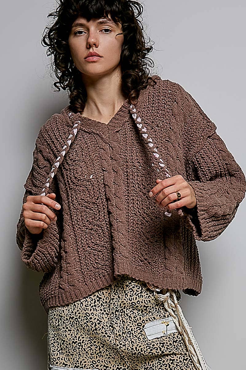 Pol Clothing - Oversize Fit V-neck Hooded Cable Knit Chenille Sweater SALE