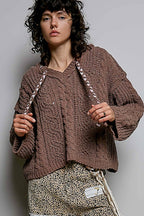 Pol Clothing - Oversize Fit V-neck Hooded Cable Knit Chenille Sweater SALE