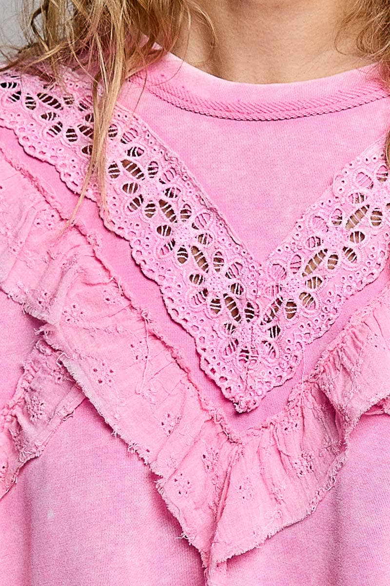Pol Clothing - French Terry Eyelet Ruffle Vintage Washing Solid Knit Top