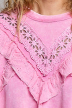 Pol Clothing - French Terry Eyelet Ruffle Vintage Washing Solid Knit Top