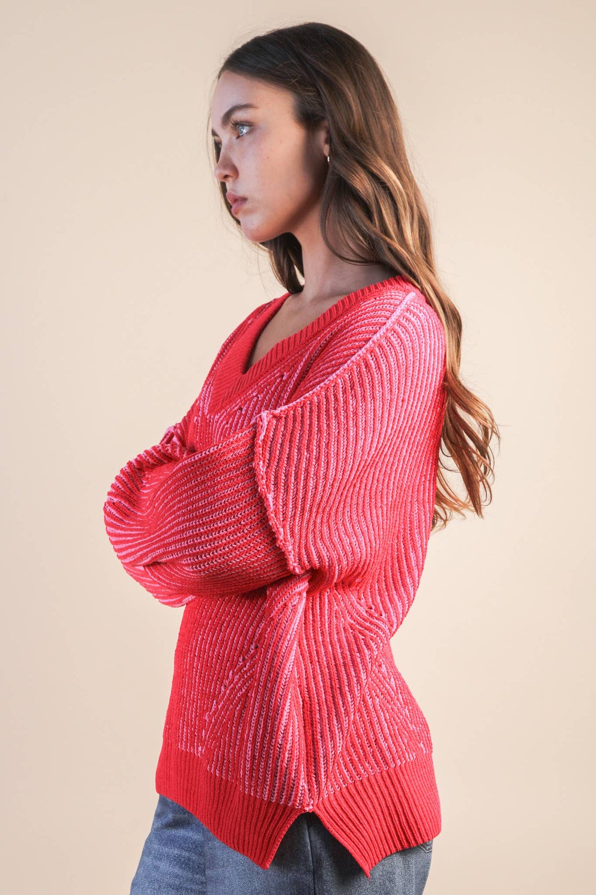 Oversized Two Tone Knit Casual Sweater Top
