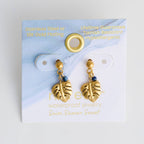 Waterproof Earrings Palm Leaf Lapis Stone Drop Narelle Gold