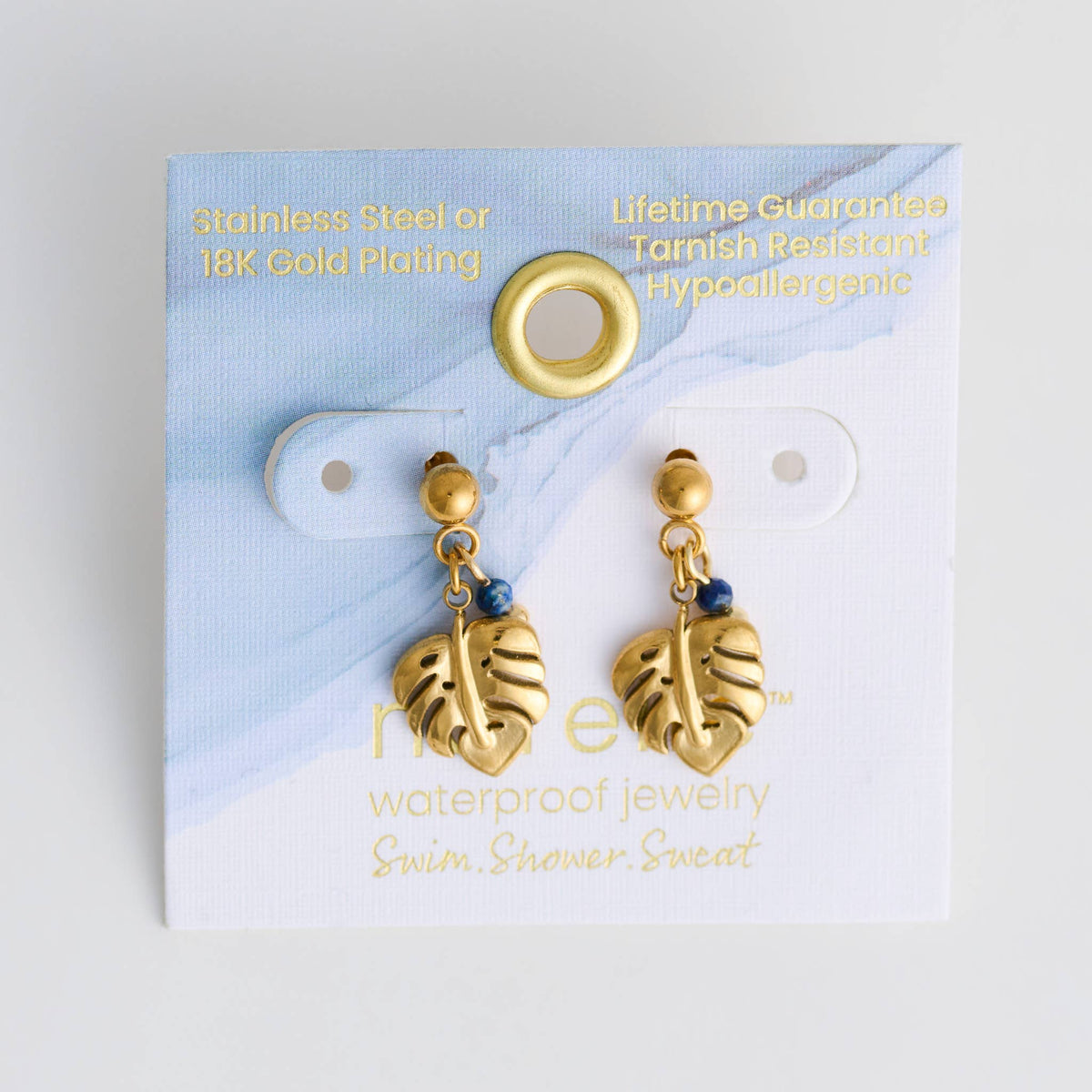 Waterproof Earrings Palm Leaf Lapis Stone Drop Narelle Gold