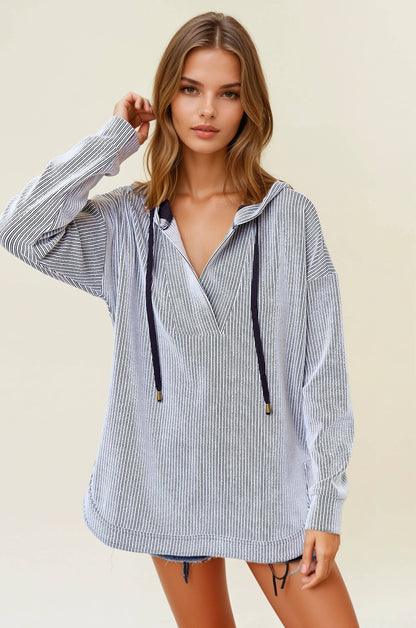 Doe and Rae - Stripe V-Neckline Long Sleeve Hooded Sweatshirt - 44627T