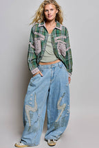 Pol Clothing - Plaid Mixed-Fabric Thermal Patch Studded Raw Edge Shirt