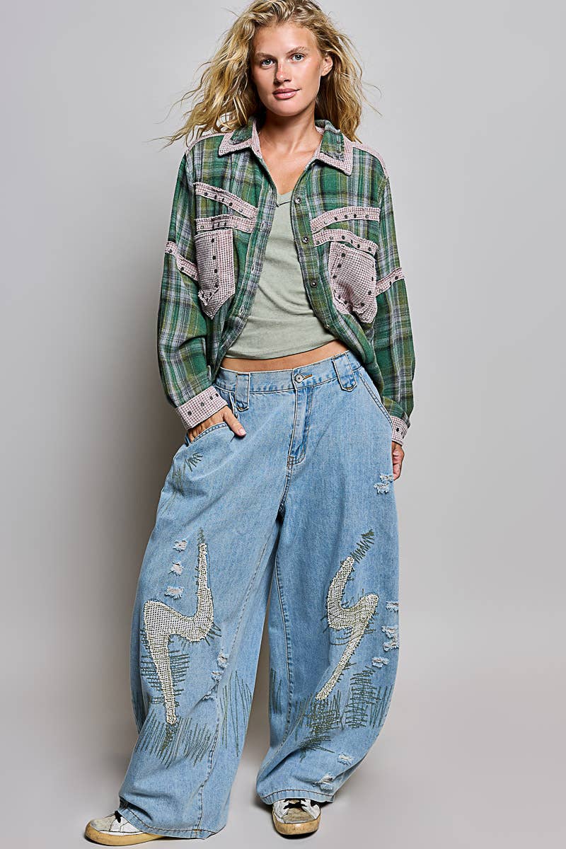 Pol Clothing - Plaid Mixed-Fabric Thermal Patch Studded Raw Edge Shirt