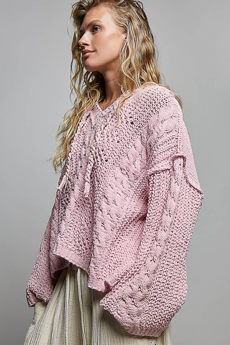 Pol Clothing - Oversize Fit V-neck Hooded Cable Knit Chenille Sweater SALE