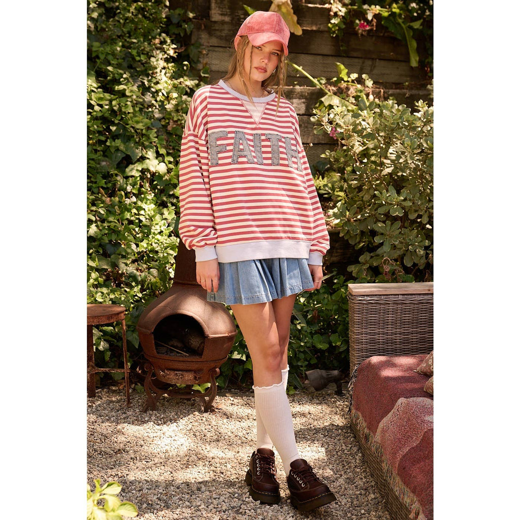 FAITH PATCHWORK STRIPED LONG SLEEVE SWEATSHIRT