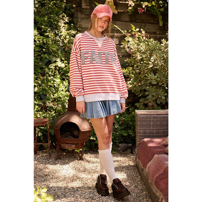 FAITH PATCHWORK STRIPED LONG SLEEVE SWEATSHIRT