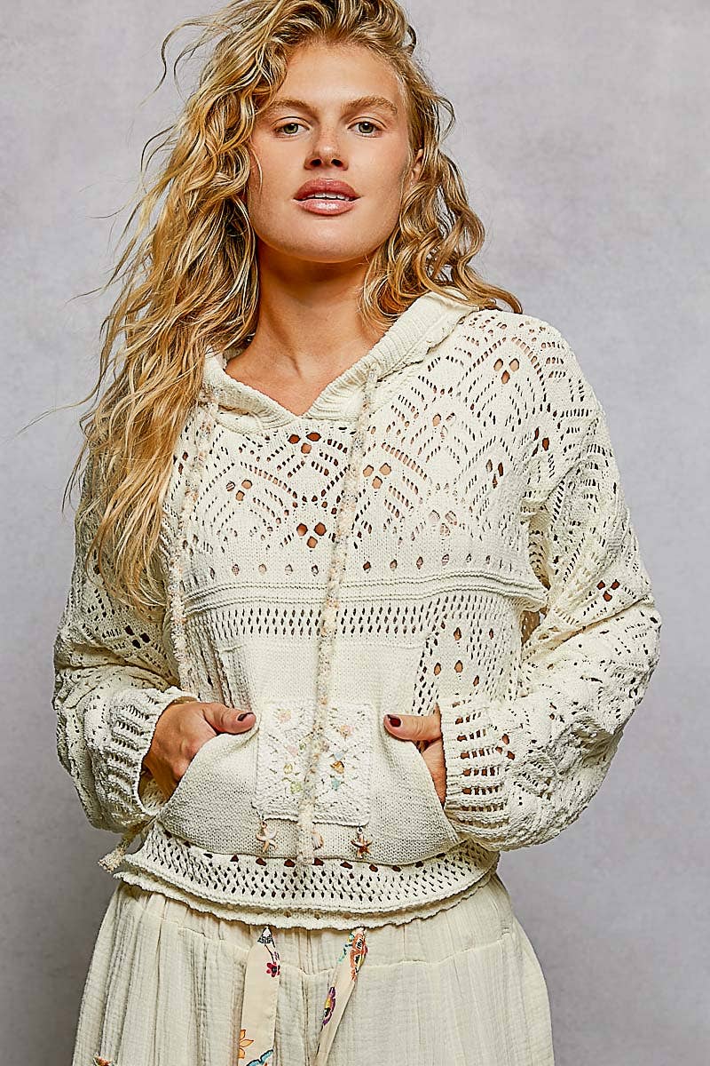 Pol Clothing - Chenille Crochet Lightweight Pullover Hoodie Sweater
