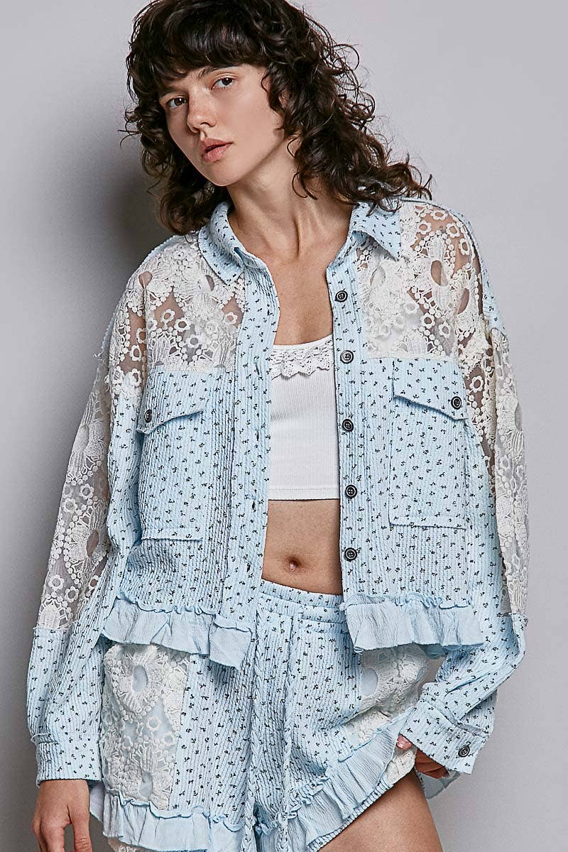 Pol Clothing - Floral Knit Balloon Sleeve Lace Patch Jacket Top