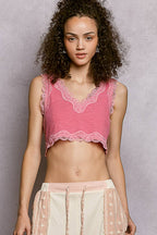 Pol Clothing - Lace Trim Ribbed V Neck Summer Sleeveless Crop Top