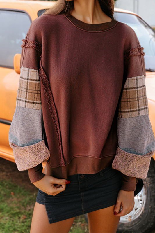 Fashion Plaid Colorblock Patched Sleeve Raw Seam Sweatshirt