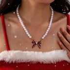 JOSSLYN by wall to wall - Holiday Tartan Plaid Fabric Bow Pearl Necklace | 80N93917