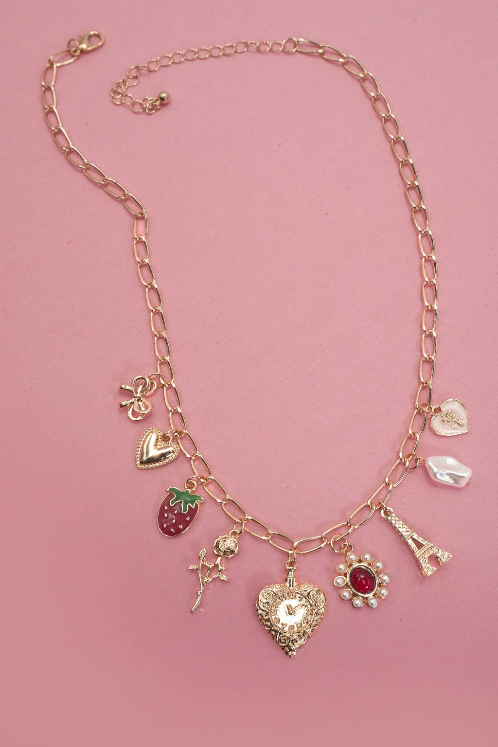 CHARM NECKLACE-HEART BOW ROSE STRAWBERRY EIFFEL TOWER
