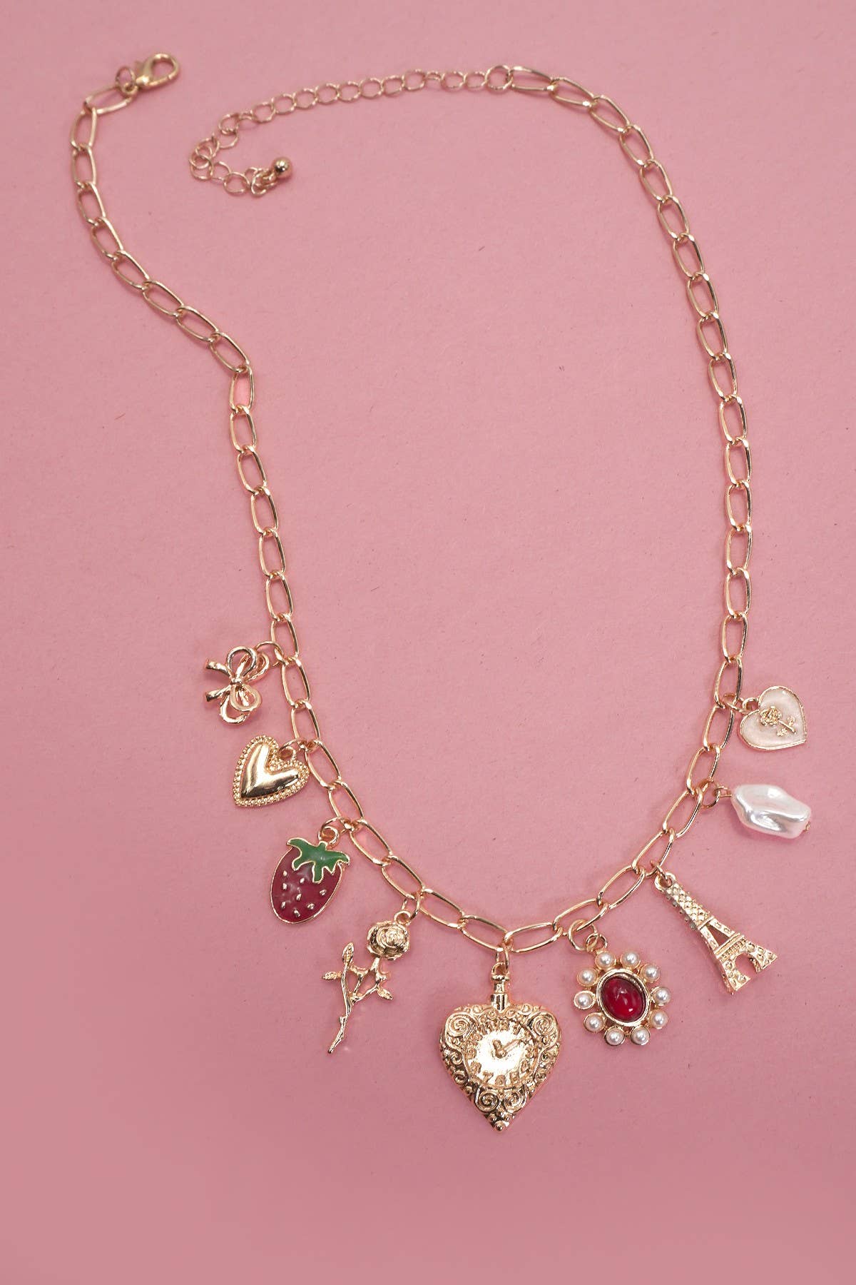 CHARM NECKLACE-HEART BOW ROSE STRAWBERRY EIFFEL TOWER