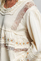 Pol Clothing - Embroidery Lace Contrast Square Neck Long Sleeve top