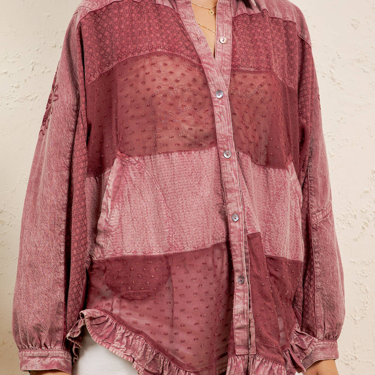 Young Threads - Vintage Mixed Print Patchwork Bat Sleeve Top -Ruffle Hem NEW