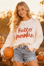 Main Strip - Hello Pumpkin Embroidered Knit Sweater – Fall Cozy Pullover