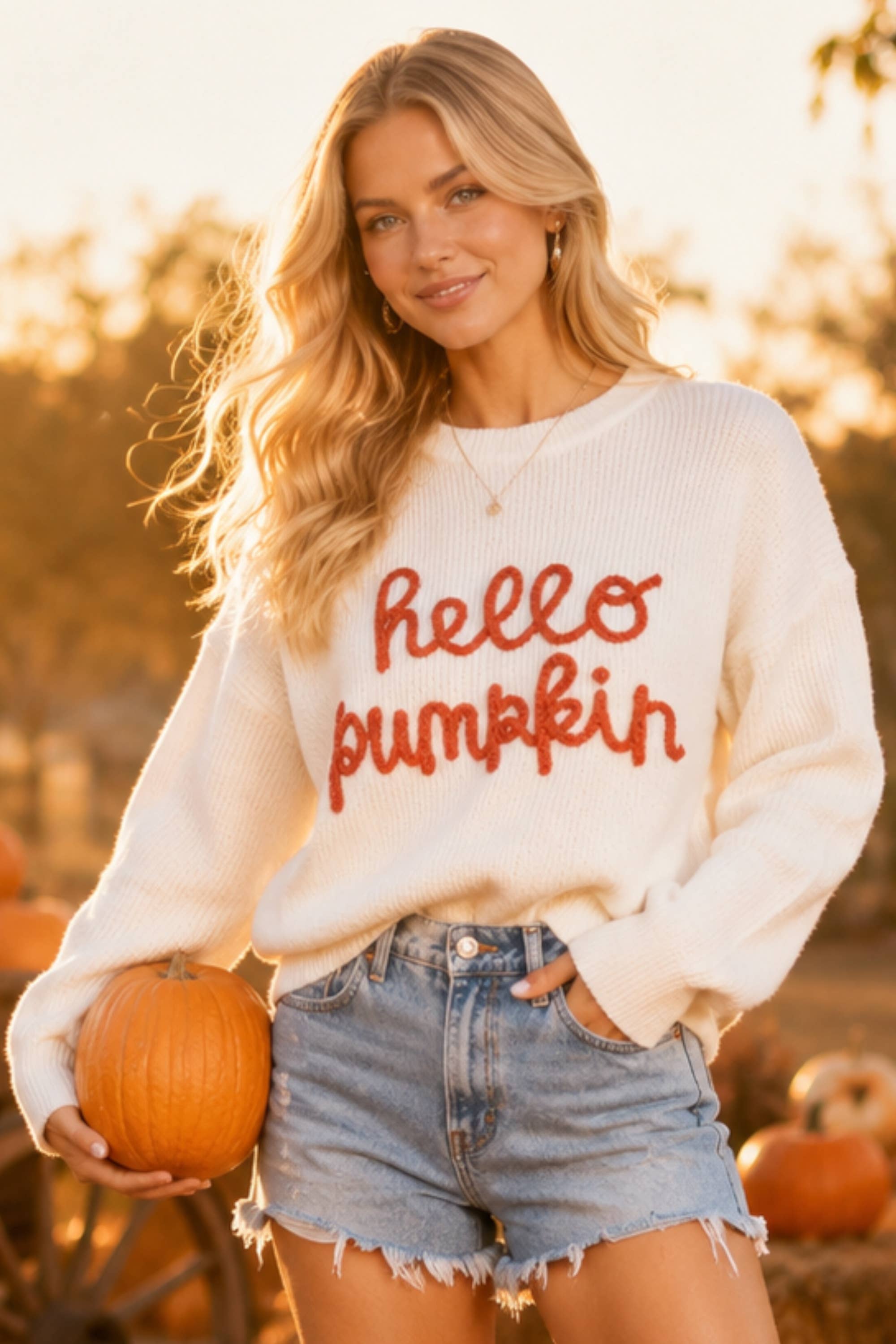 Main Strip - Hello Pumpkin Embroidered Knit Sweater – Fall Cozy Pullover