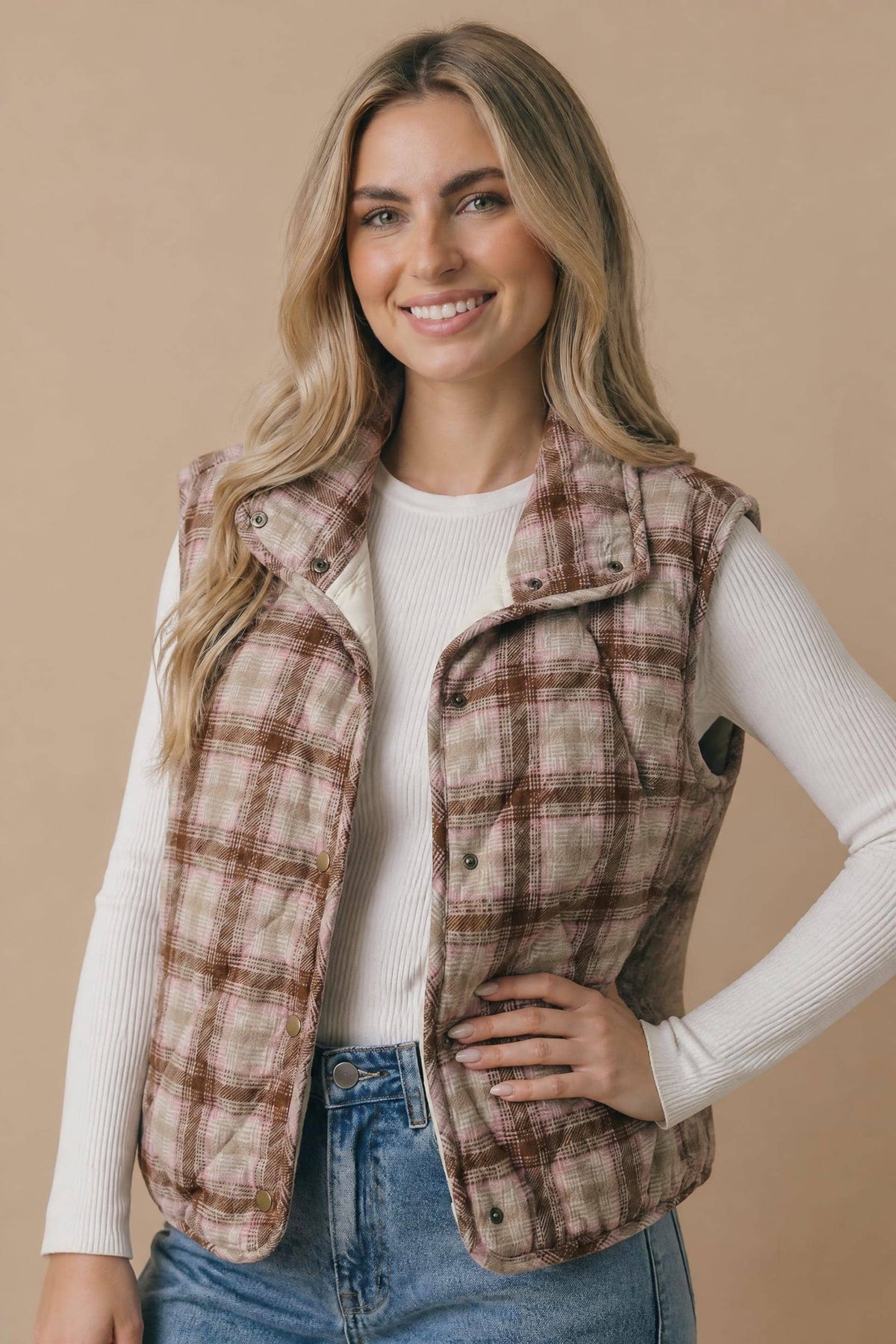 Haptics - High Neck Snap Button Plaid Quilted Vest