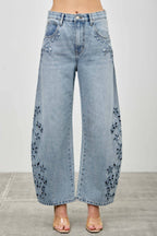 HIGH RISE LOW CURVE BARREL WITH EMBROIDERY Saige Denim