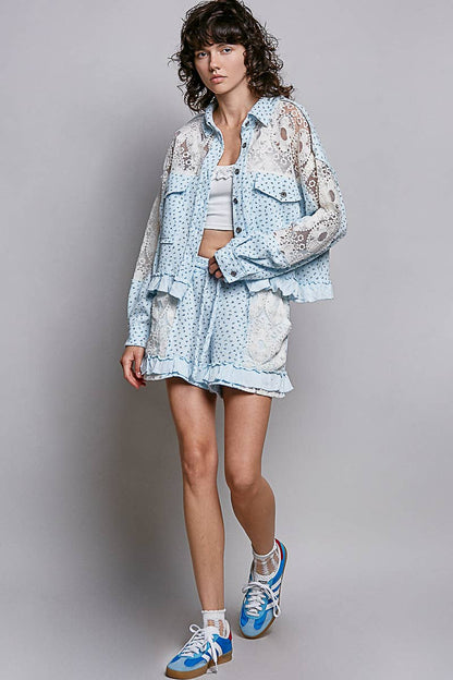 Pol Clothing - Boho Floral Knit Waistband Lace Patch Ruffle Shorts