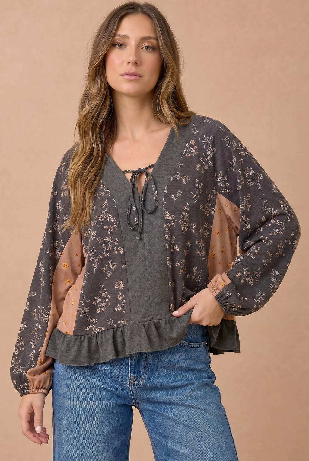 Haptics - Floral Color Block Peplum Raglan Top