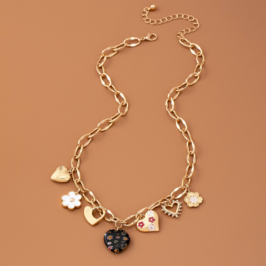 CHARM NECKLACE-HEARTS FLOWER  RHINESTONE
