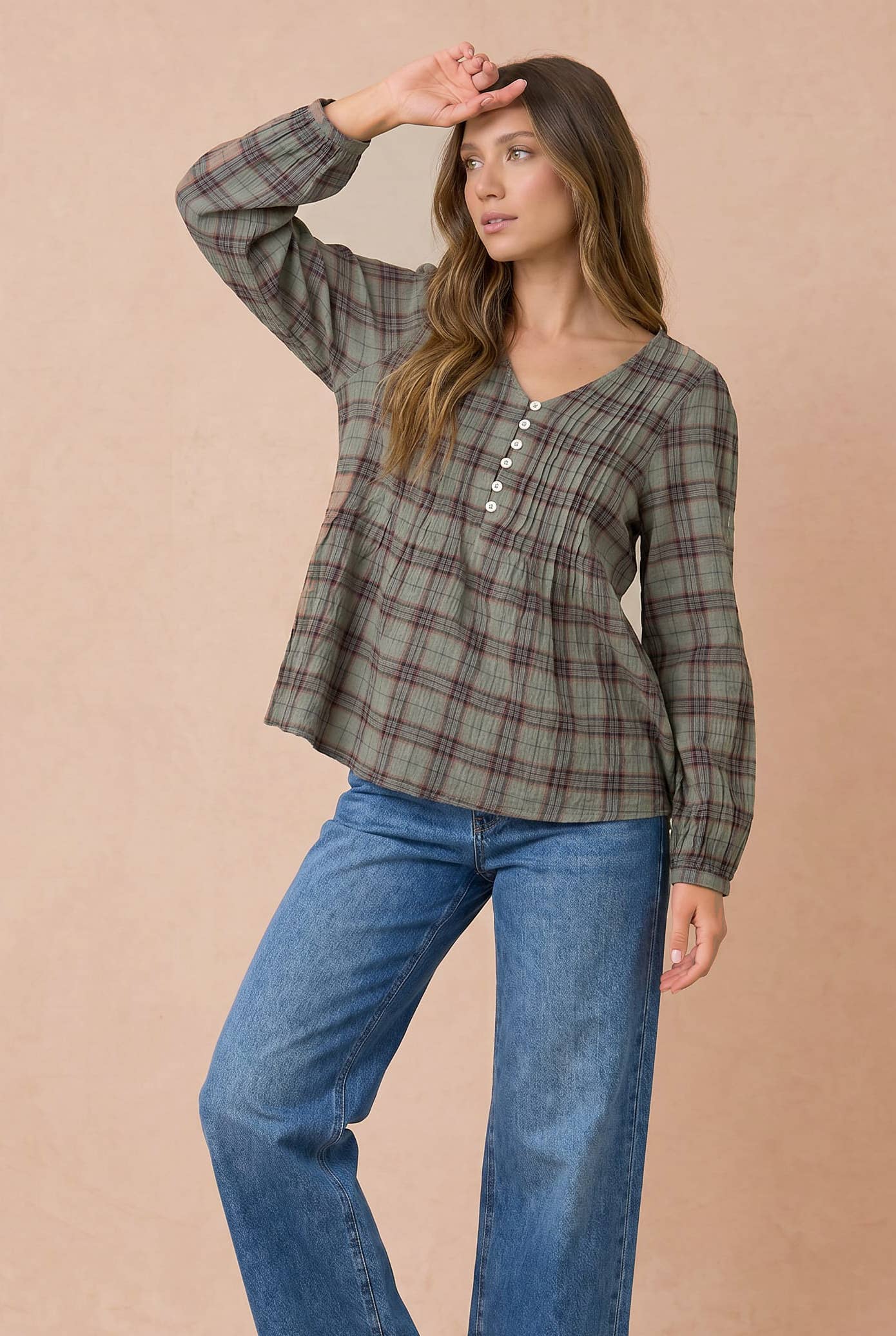 Haptics - Plus Crinkle Plaid Pin Tuck Buttoned Woven Blouse
