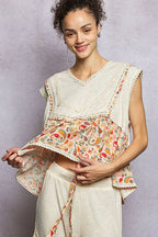 Pol Clothing - V-neck Floral Pattern Trim Ruffle Rib Knitted Sleeveless Top