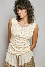 Pol Clothing - Round Neck Sleeveless Ribbed Floral Printed Knit Top