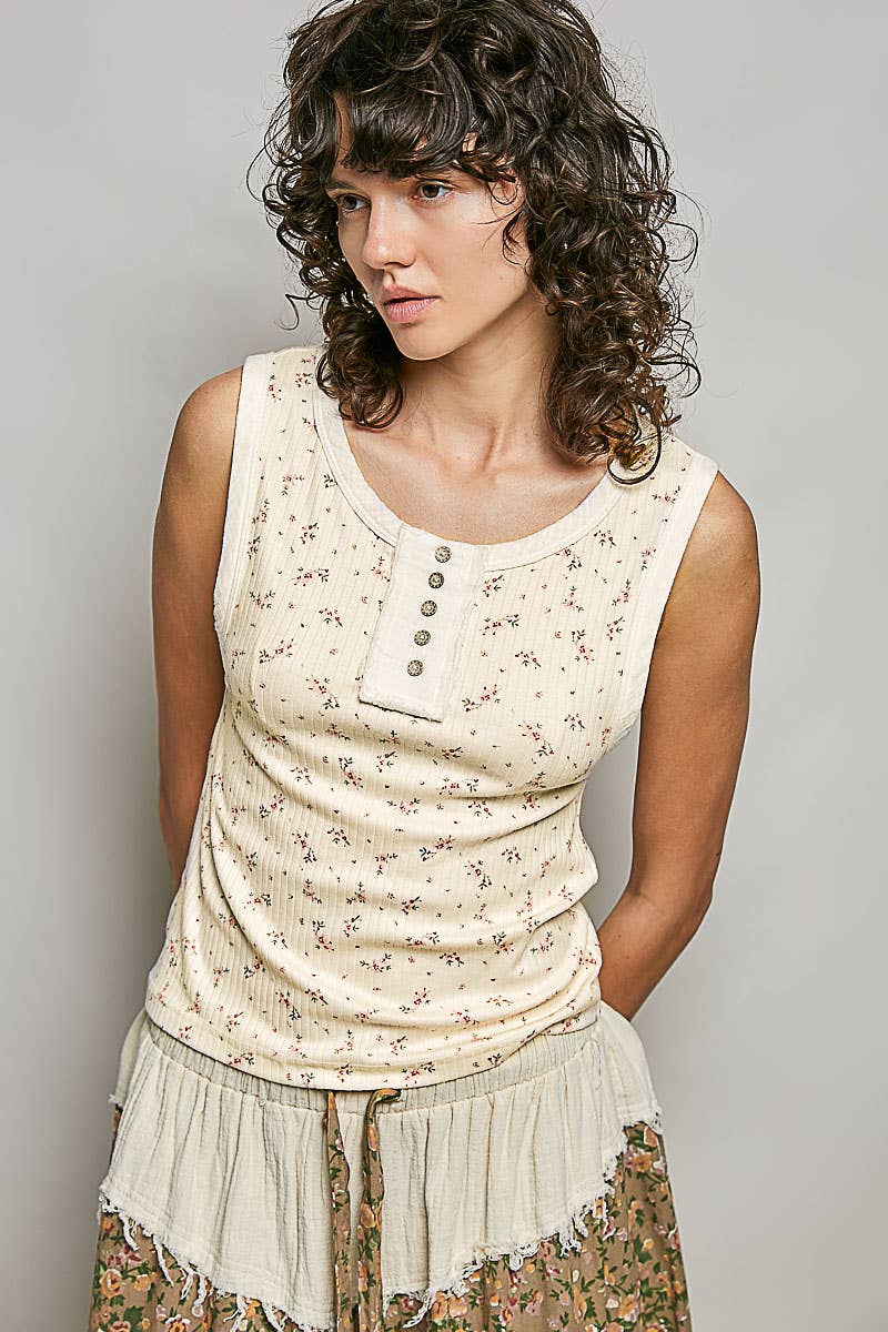 Pol Clothing - Round Neck Sleeveless Ribbed Floral Printed Knit Top