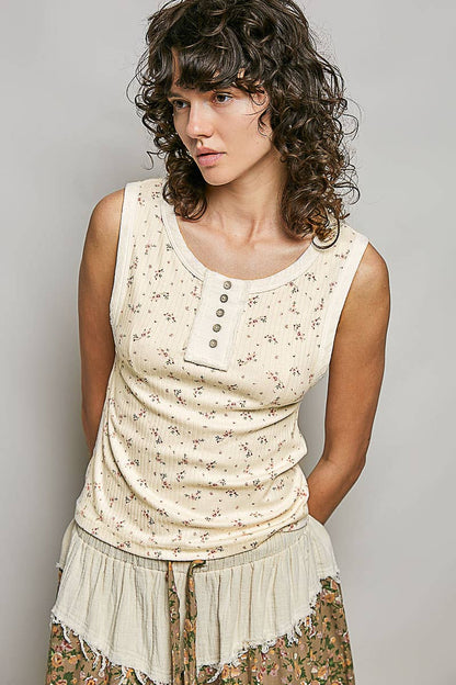 Pol Clothing - Round Neck Sleeveless Ribbed Floral Printed Knit Top