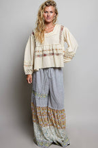 Pol Clothing - Embroidery Lace Contrast Square Neck Long Sleeve top