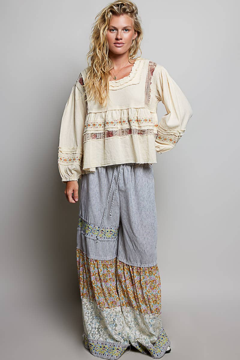 Pol Clothing - Embroidery Lace Contrast Square Neck Long Sleeve top