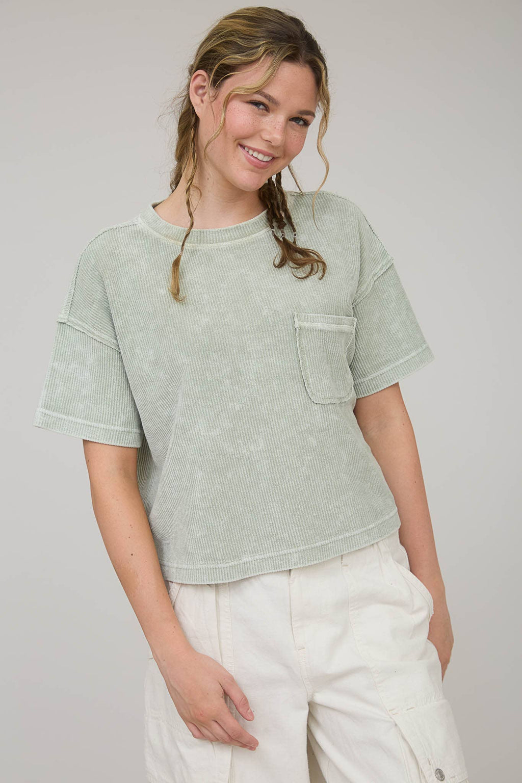 Everyday WASHED RIBBED SHORT SLEEVE TEE WITH POCKET