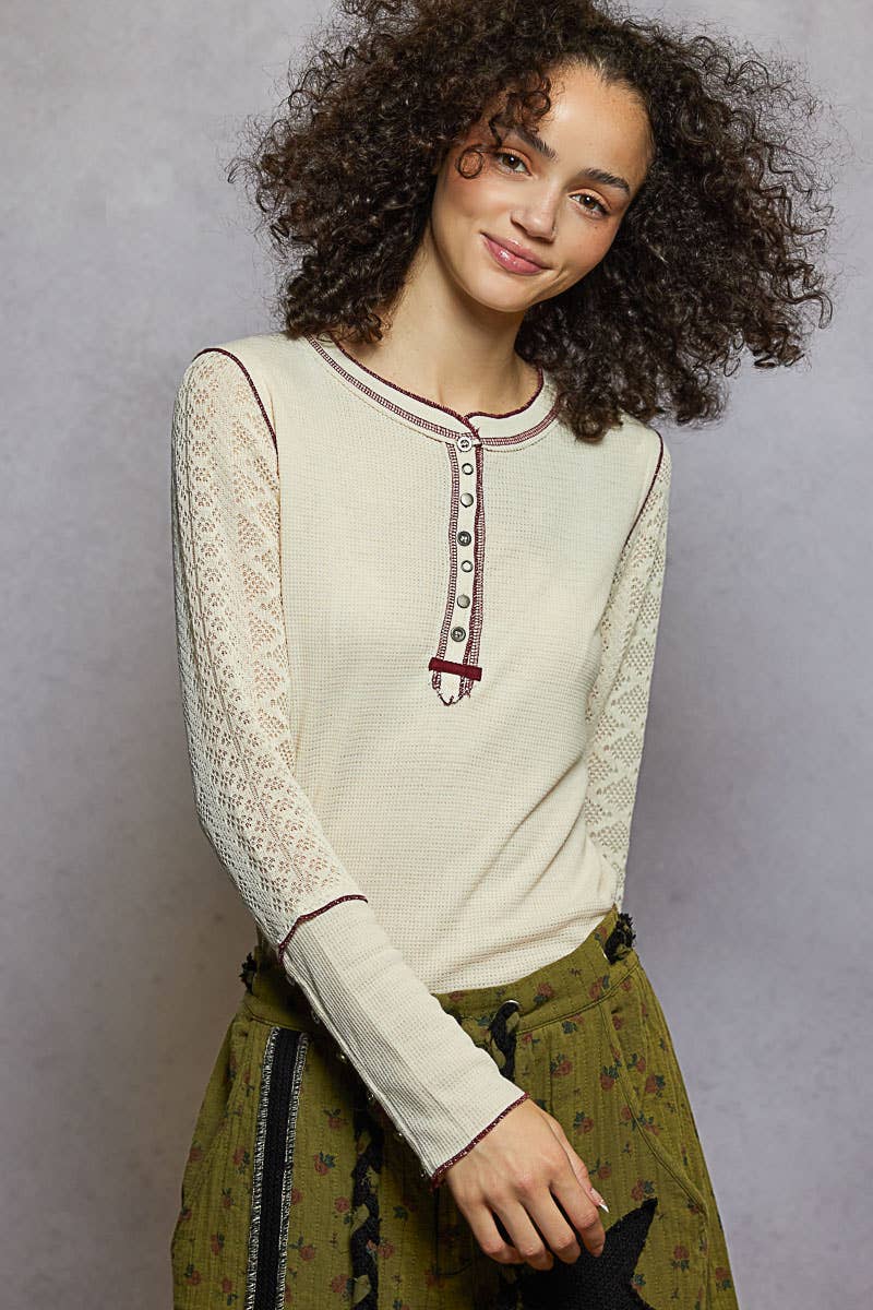 Pol Clothing - Round neck solid cut and sew knit mix knit top
